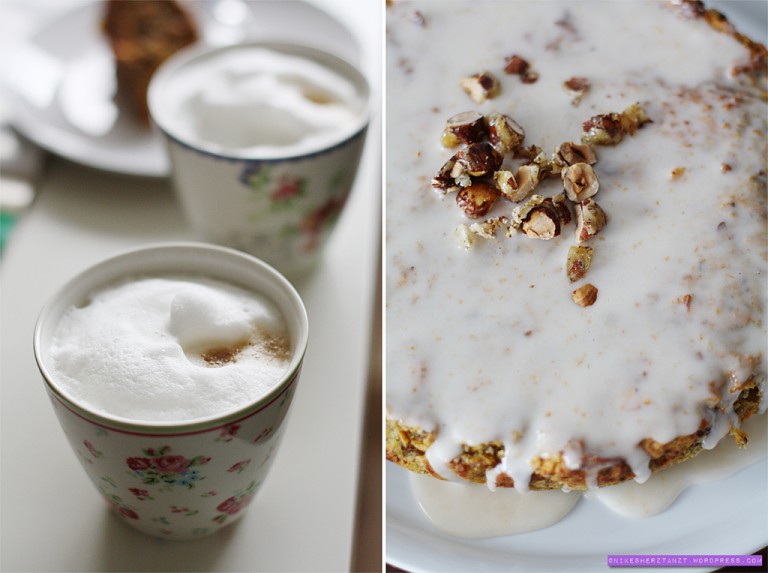 apfel-möhren-kuchen mit karamell haselnüssen, vegan