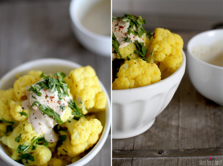 gelber blumenkohl mit tahini-dressing. gelber blumenkohl mit tahini-dressing.