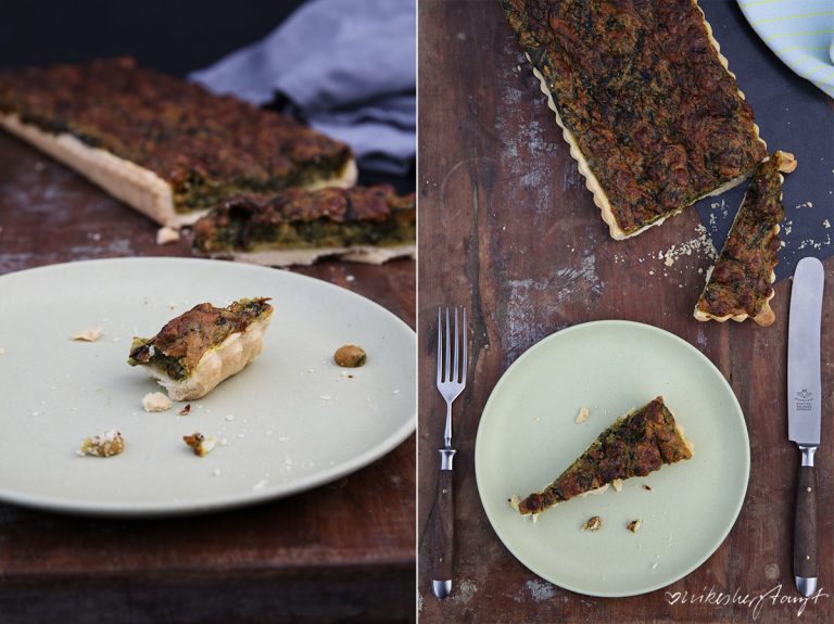 spinat quiche mit gerösteten kichererbsen, vegan.