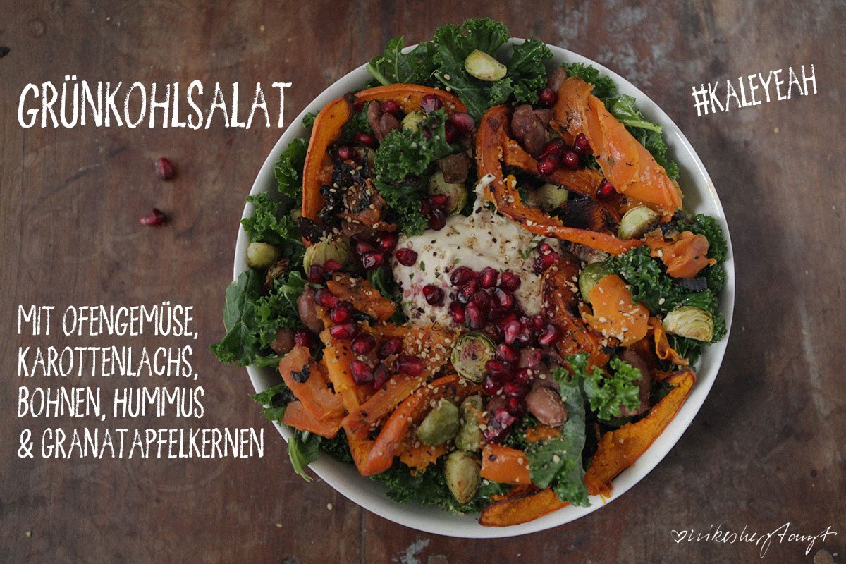 Grünkohlsalat mit Ofengemüse, Karottenlachs, Bohnen, Hummus & Granatapfelkernen // nikesherztanzt