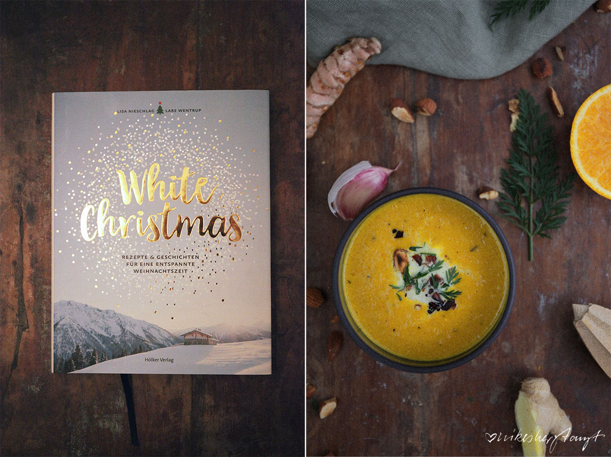 vegane möhren-kokos-suppe mit ingwer und mandeln aus white christmas // nikesherztanzt